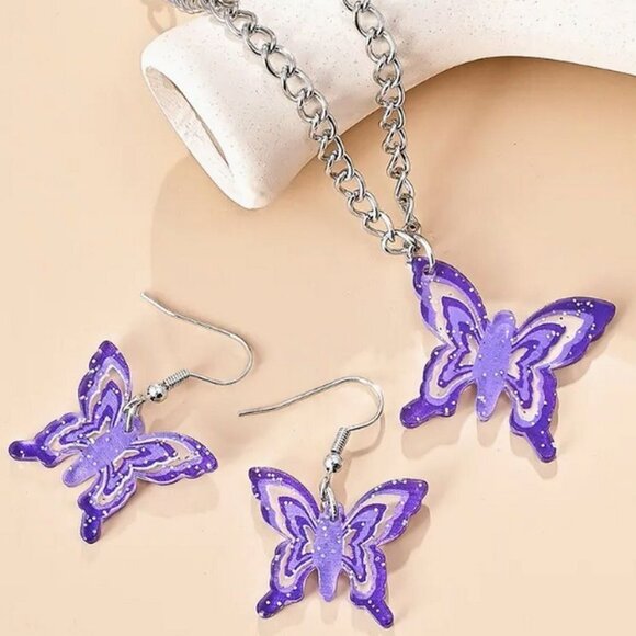 Lindy Jessa Colorful Purple Butterfly Necklace Earrings Set Gift Packaged - Picture 3 of 8